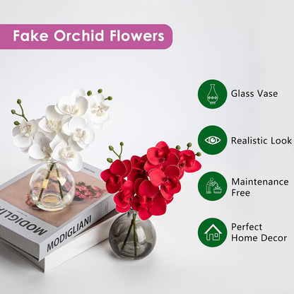 White Orchids Artificial Flowers Faux Orchid Arrangement with Black Glass Vase Set of 2 Real Touch Phalaenopsis Orchid Flowers Orchid Centerpiece for Dining Room Table
