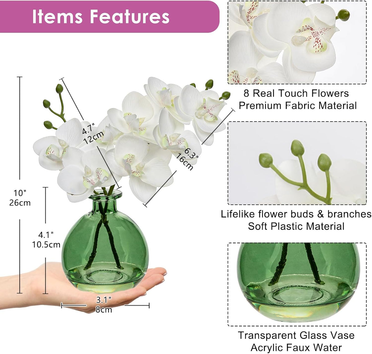 White Orchids Artificial Flowers Faux Orchid Arrangement with Black Glass Vase Set of 2 Real Touch Phalaenopsis Orchid Flowers Orchid Centerpiece for Dining Room Table