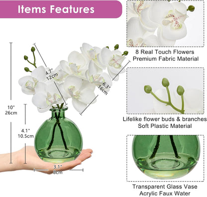 White Orchids Artificial Flowers Faux Orchid Arrangement with Black Glass Vase Set of 2 Real Touch Phalaenopsis Orchid Flowers Orchid Centerpiece for Dining Room Table