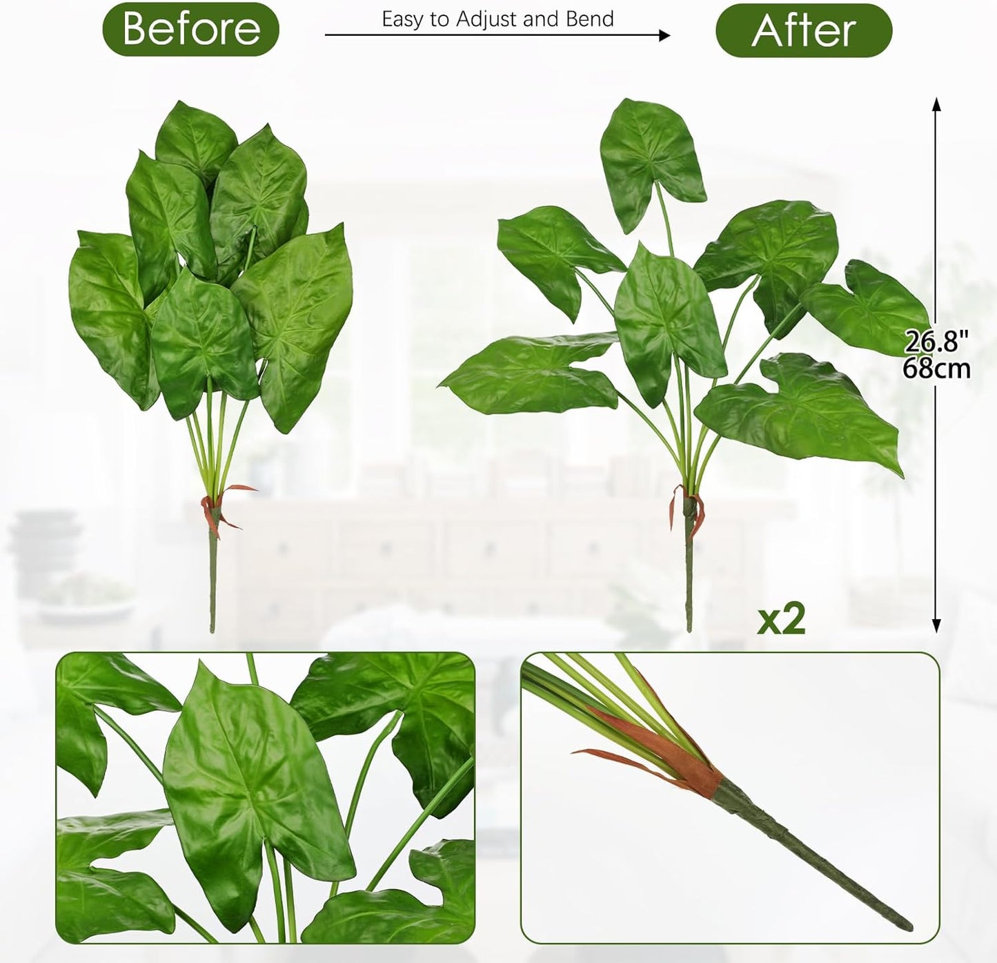 2PCS Artificial Calla Lily Leaves Plants 26.8" Fake Tropical Alocasia Bush Tree Large Faux Greenery Stem Shrubs for Indoor Outdoor Home Garden Arrangement Jungle Safari Wedding Party Decor