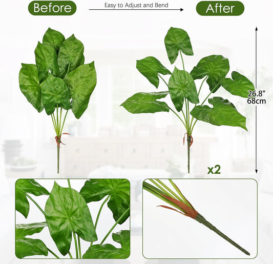2PCS Artificial Calla Lily Leaves Plants 26.8" Fake Tropical Alocasia Bush Tree Large Faux Greenery Stem Shrubs for Indoor Outdoor Home Garden Arrangement Jungle Safari Wedding Party Decor