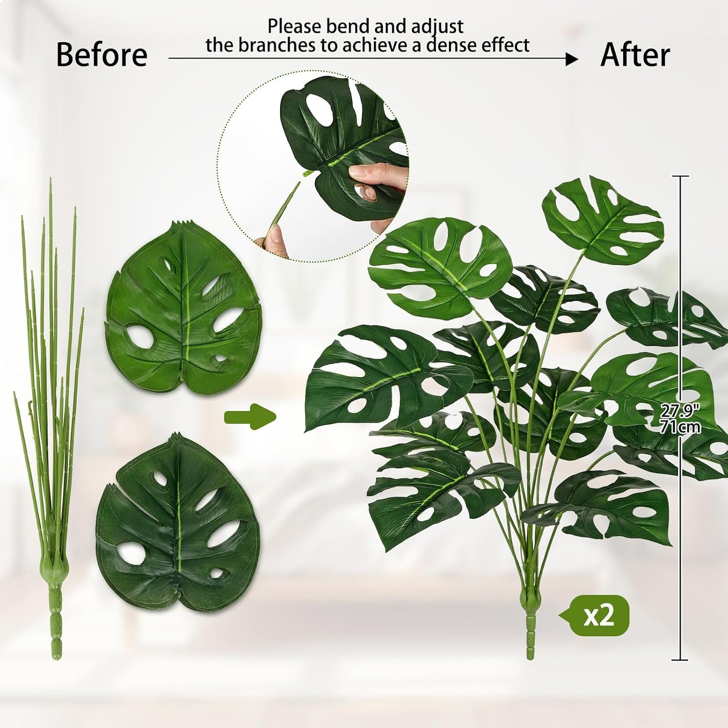 2PCS Artificial Calla Lily Leaves Plants 26.8" Fake Tropical Alocasia Bush Tree Large Faux Greenery Stem Shrubs for Indoor Outdoor Home Garden Arrangement Jungle Safari Wedding Party Decor