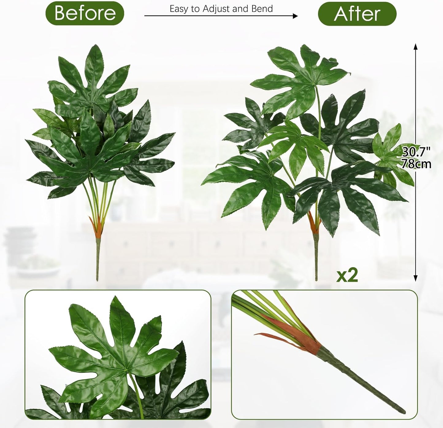 2PCS Artificial Calla Lily Leaves Plants 26.8" Fake Tropical Alocasia Bush Tree Large Faux Greenery Stem Shrubs for Indoor Outdoor Home Garden Arrangement Jungle Safari Wedding Party Decor