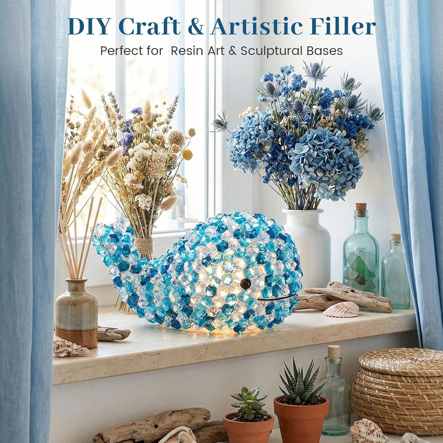 150PCS Assorted Blue Fake Ice Rocks Vase Fillers, Aquarium Gravels Small Stones for Fish Tanks Decorations Home Table Scatter