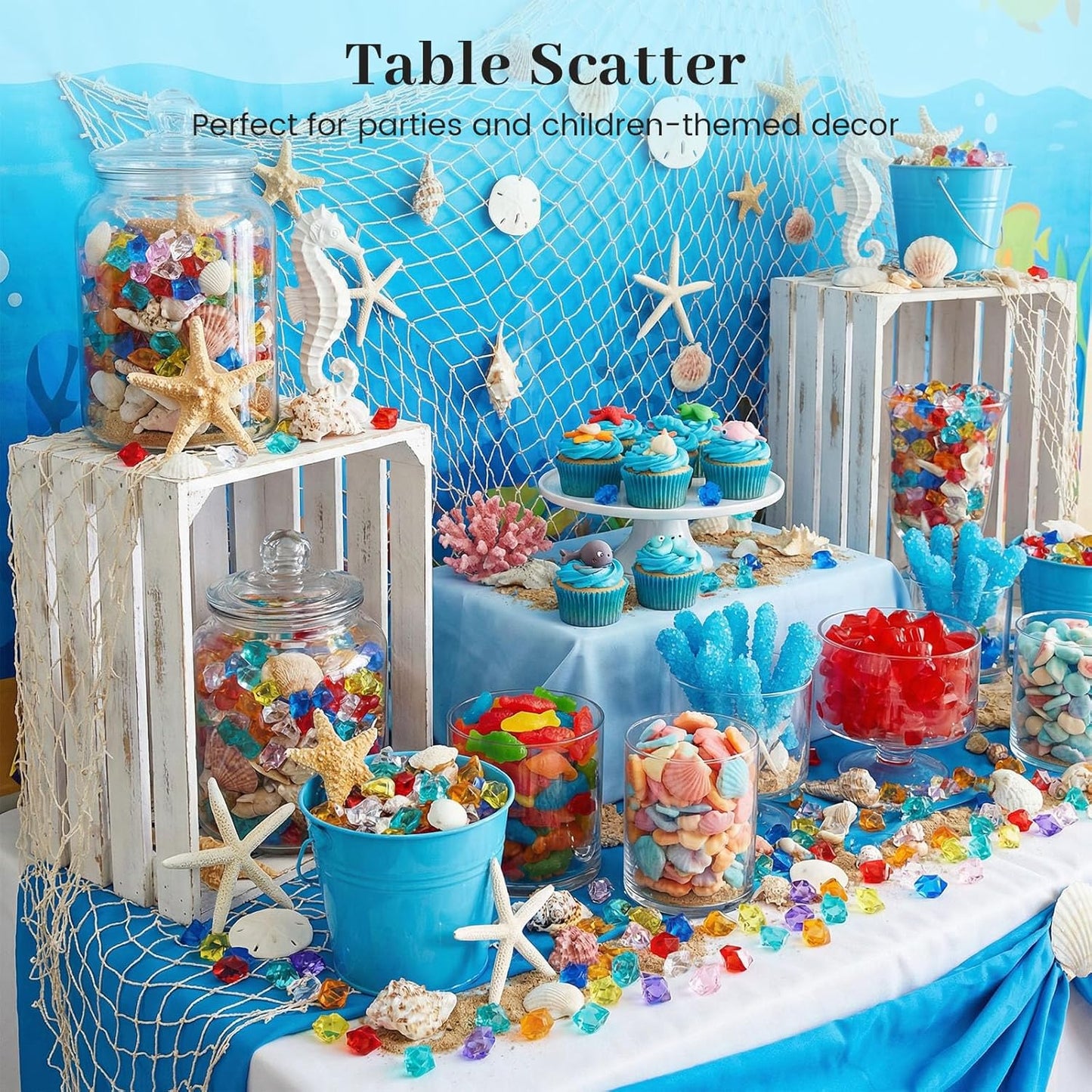 150PCS Assorted Blue Fake Ice Rocks Vase Fillers, Aquarium Gravels Small Stones for Fish Tanks Decorations Home Table Scatter