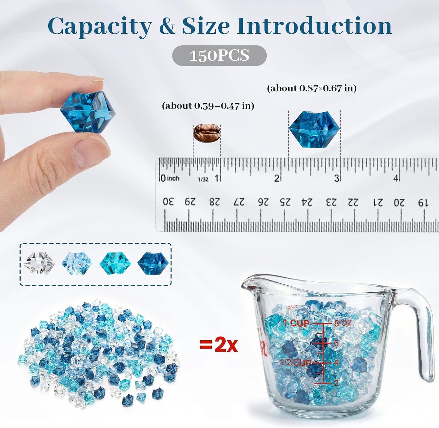 150PCS Assorted Blue Fake Ice Rocks Vase Fillers, Aquarium Gravels Small Stones for Fish Tanks Decorations Home Table Scatter