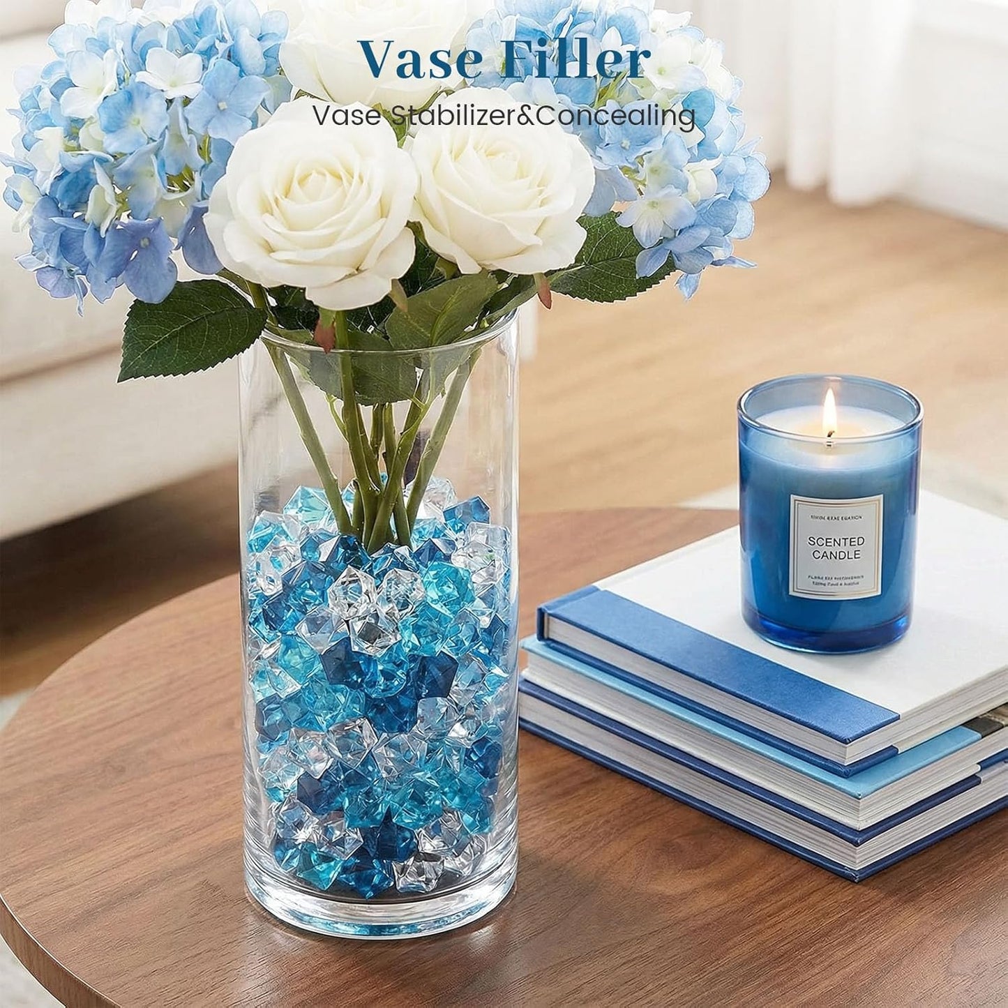 150PCS Assorted Blue Fake Ice Rocks Vase Fillers, Aquarium Gravels Small Stones for Fish Tanks Decorations Home Table Scatter