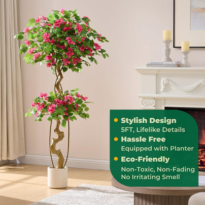 6FT Artificial Bougainvillea Tree, Faux Silk Plant in White Pot | Potted Fake Tree, Twisted Trunk & Three-Layered Canopy, Lifelike Fuchsia Blooms for Home Decor, Maintenance-Free