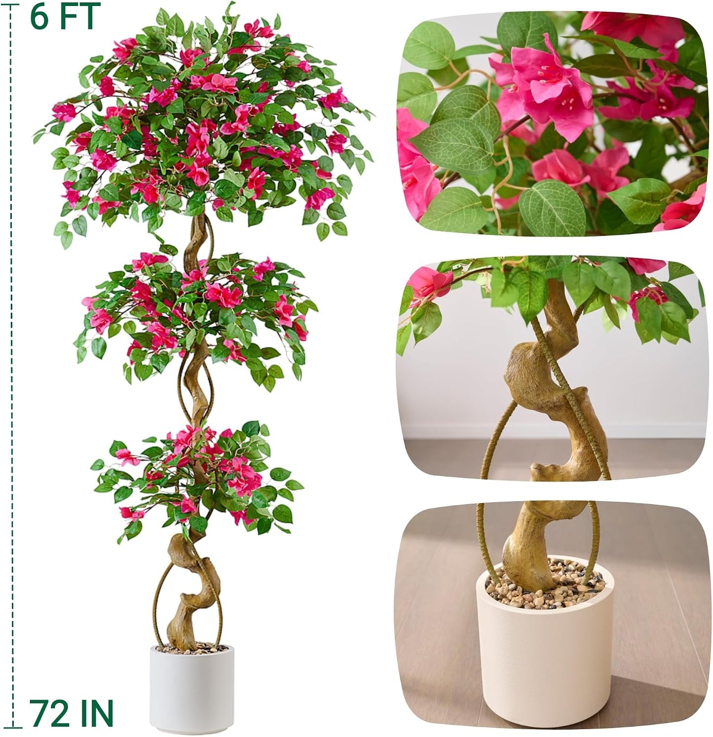 6FT Artificial Bougainvillea Tree, Faux Silk Plant in White Pot | Potted Fake Tree, Twisted Trunk & Three-Layered Canopy, Lifelike Fuchsia Blooms for Home Decor, Maintenance-Free