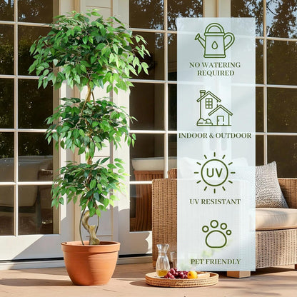 6FT Artificial Bougainvillea Tree, Faux Silk Plant in White Pot | Potted Fake Tree, Twisted Trunk & Three-Layered Canopy, Lifelike Fuchsia Blooms for Home Decor, Maintenance-Free