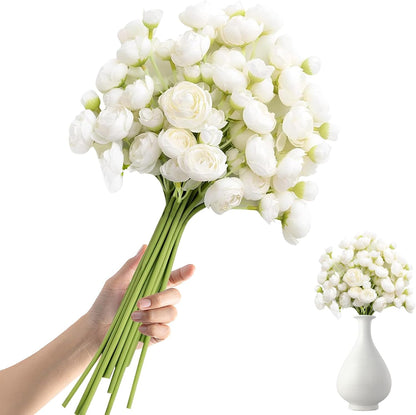 18 Pcs Ranunculus Artificial Fake Plants Flowers,White Faux Silk Mini Flowers for DIY Bouquets Bulk Faux Wedding Filler Home Centerpieces Arrangements Bridal Christmas Decorations