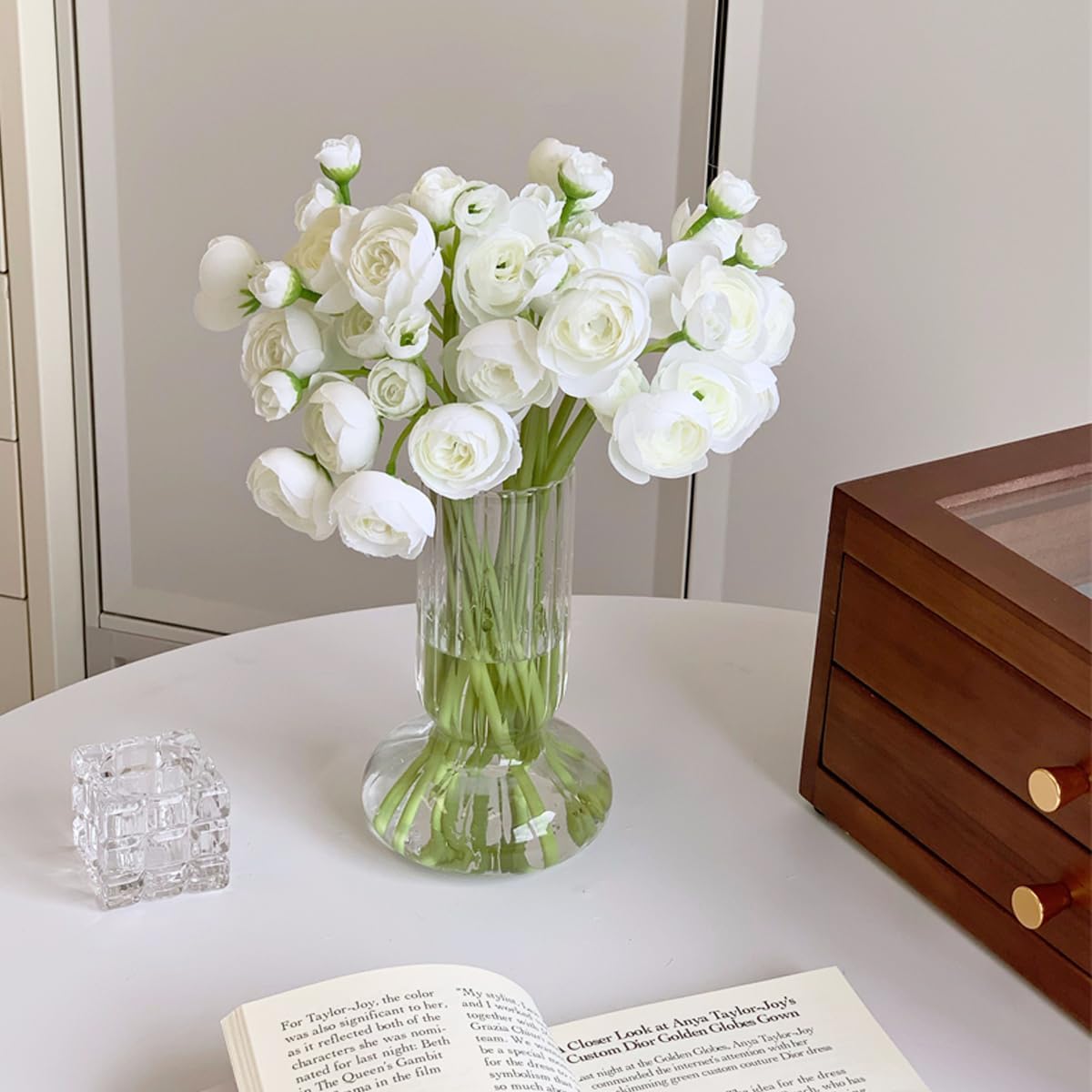 18 Pcs Ranunculus Artificial Fake Plants Flowers,White Faux Silk Mini Flowers for DIY Bouquets Bulk Faux Wedding Filler Home Centerpieces Arrangements Bridal Christmas Decorations