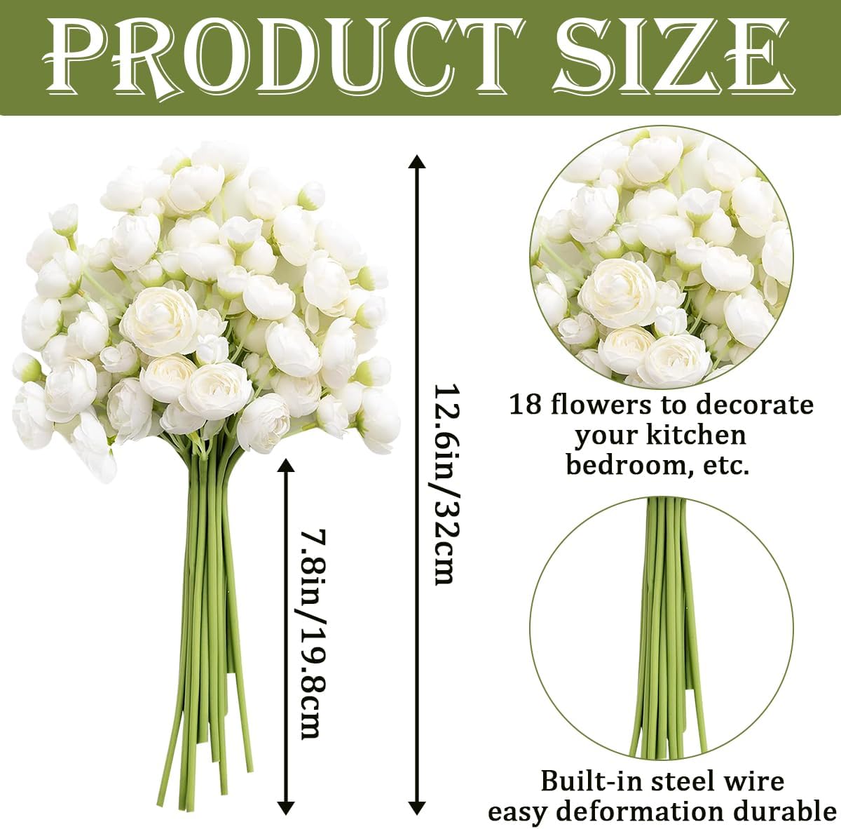 18 Pcs Ranunculus Artificial Fake Plants Flowers,White Faux Silk Mini Flowers for DIY Bouquets Bulk Faux Wedding Filler Home Centerpieces Arrangements Bridal Christmas Decorations