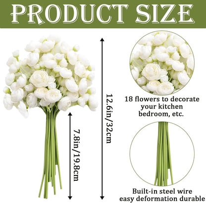 18 Pcs Ranunculus Artificial Fake Plants Flowers,White Faux Silk Mini Flowers for DIY Bouquets Bulk Faux Wedding Filler Home Centerpieces Arrangements Bridal Christmas Decorations