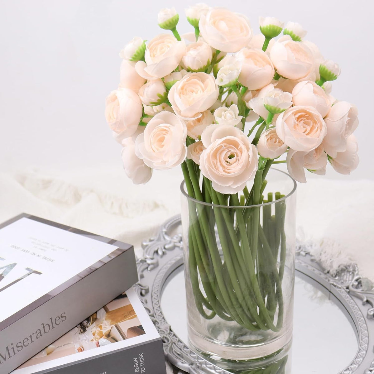 18 Pcs Ranunculus Artificial Fake Plants Flowers,White Faux Silk Mini Flowers for DIY Bouquets Bulk Faux Wedding Filler Home Centerpieces Arrangements Bridal Christmas Decorations