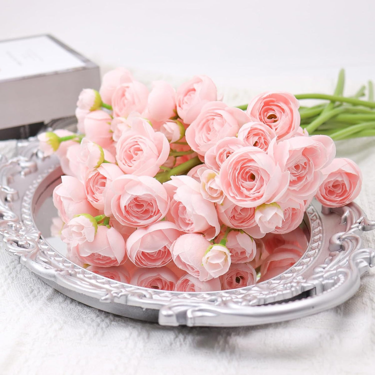 18 Pcs Ranunculus Artificial Fake Plants Flowers,White Faux Silk Mini Flowers for DIY Bouquets Bulk Faux Wedding Filler Home Centerpieces Arrangements Bridal Christmas Decorations