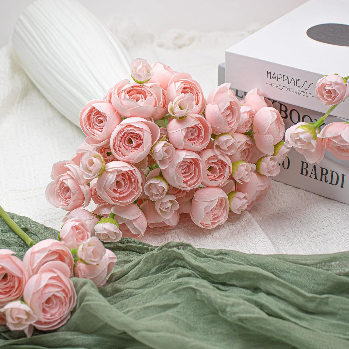 18 Pcs Ranunculus Artificial Fake Plants Flowers,White Faux Silk Mini Flowers for DIY Bouquets Bulk Faux Wedding Filler Home Centerpieces Arrangements Bridal Christmas Decorations