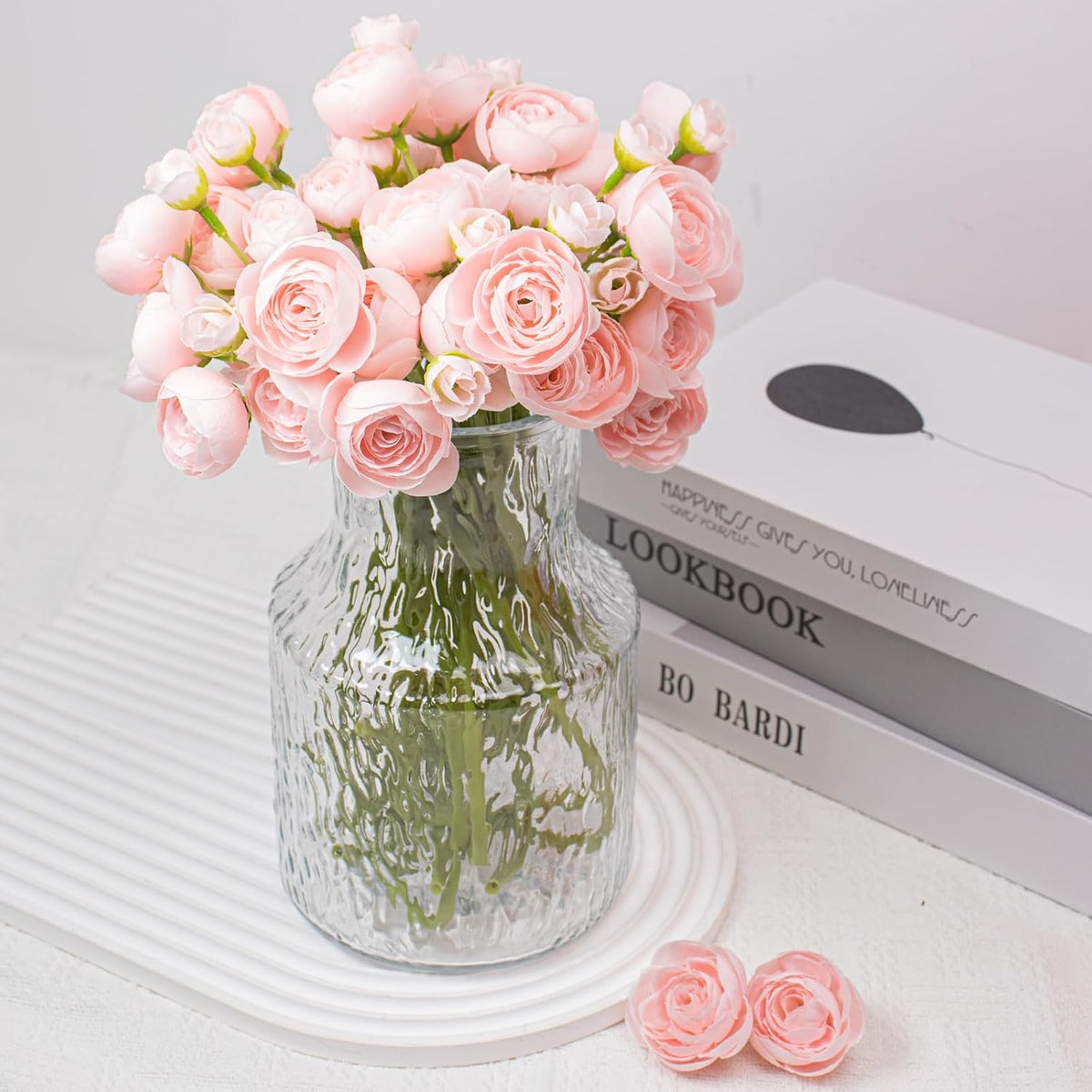 18 Pcs Ranunculus Artificial Fake Plants Flowers,White Faux Silk Mini Flowers for DIY Bouquets Bulk Faux Wedding Filler Home Centerpieces Arrangements Bridal Christmas Decorations