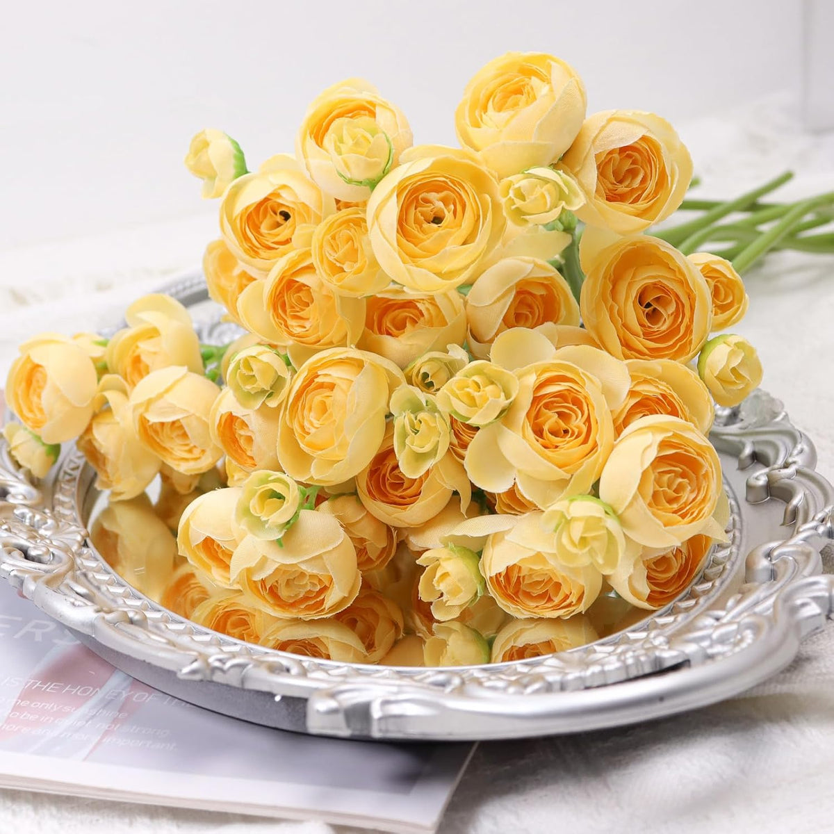 18 Pcs Ranunculus Artificial Fake Plants Flowers,White Faux Silk Mini Flowers for DIY Bouquets Bulk Faux Wedding Filler Home Centerpieces Arrangements Bridal Christmas Decorations