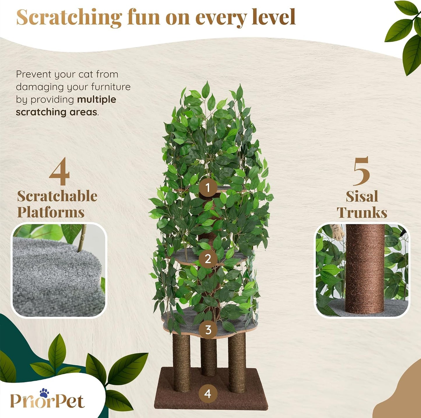Cat Tree with Leaves – Stable & Space-Saving Design – 4 Scratch Levels & 5 Scratching Posts – for Climbing, Hiding and Sleeping – Easy to Assemble – Durable Cat Trees for Indoor Cats – Natural Look