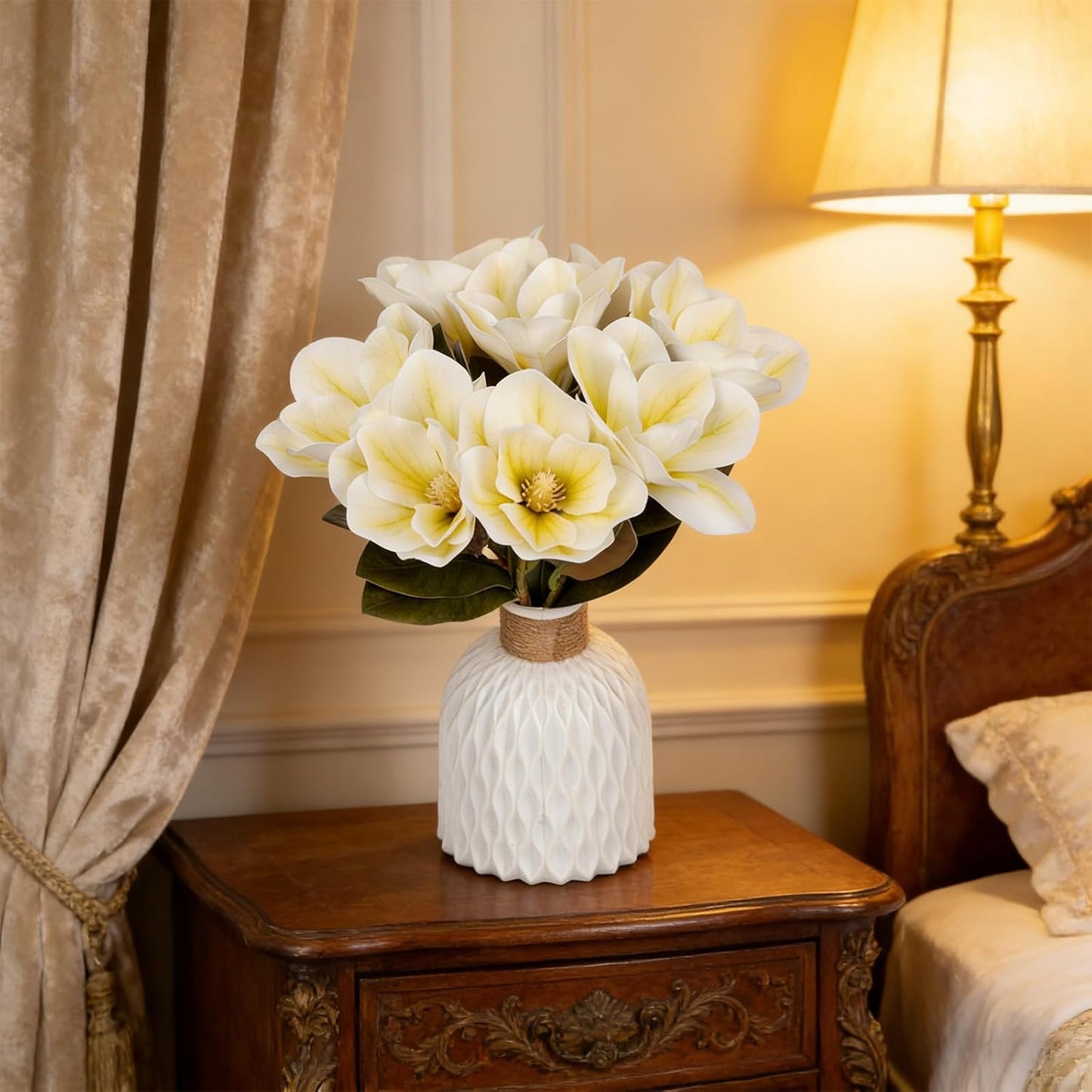 2PCS 32.2inch Artificial Magnolia Flowers 3D Real Touch 6 Heads Faux Magnolia Flower Bouquets Realistic Long Stem with Green Leaves for Home Wedding Table Office Floral Arrangement Decoration (White)