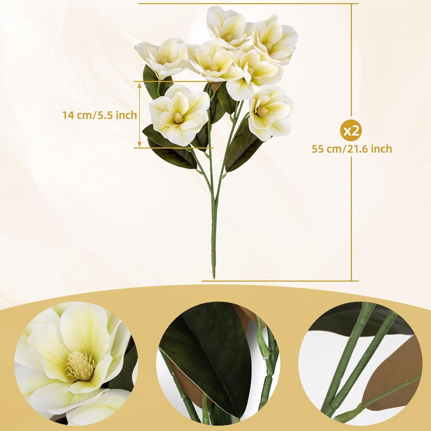 2PCS 32.2inch Artificial Magnolia Flowers 3D Real Touch 6 Heads Faux Magnolia Flower Bouquets Realistic Long Stem with Green Leaves for Home Wedding Table Office Floral Arrangement Decoration (White)