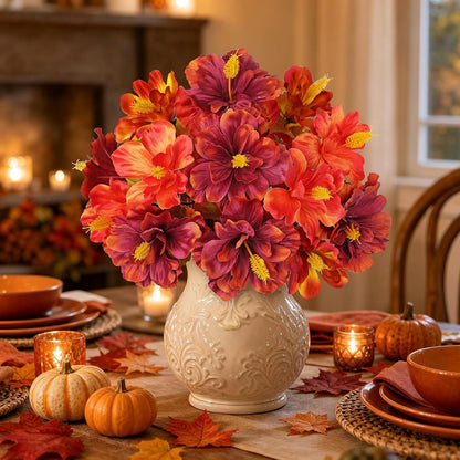 3 Bundles Artificial Hibiscus Flowers 13in, Short Faux Hibiscus Stems with Full Blooms, Silk Tropical Flowers for Small Vase, Hanging Basket, Centerpiece, Party, Indoor Outdoor Decor, Red