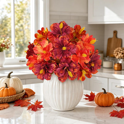 3 Bundles Artificial Hibiscus Flowers 13in, Short Faux Hibiscus Stems with Full Blooms, Silk Tropical Flowers for Small Vase, Hanging Basket, Centerpiece, Party, Indoor Outdoor Decor, Red