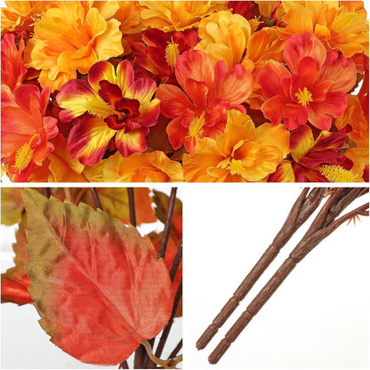3 Bundles Artificial Hibiscus Flowers 13in, Short Faux Hibiscus Stems with Full Blooms, Silk Tropical Flowers for Small Vase, Hanging Basket, Centerpiece, Party, Indoor Outdoor Decor, Red