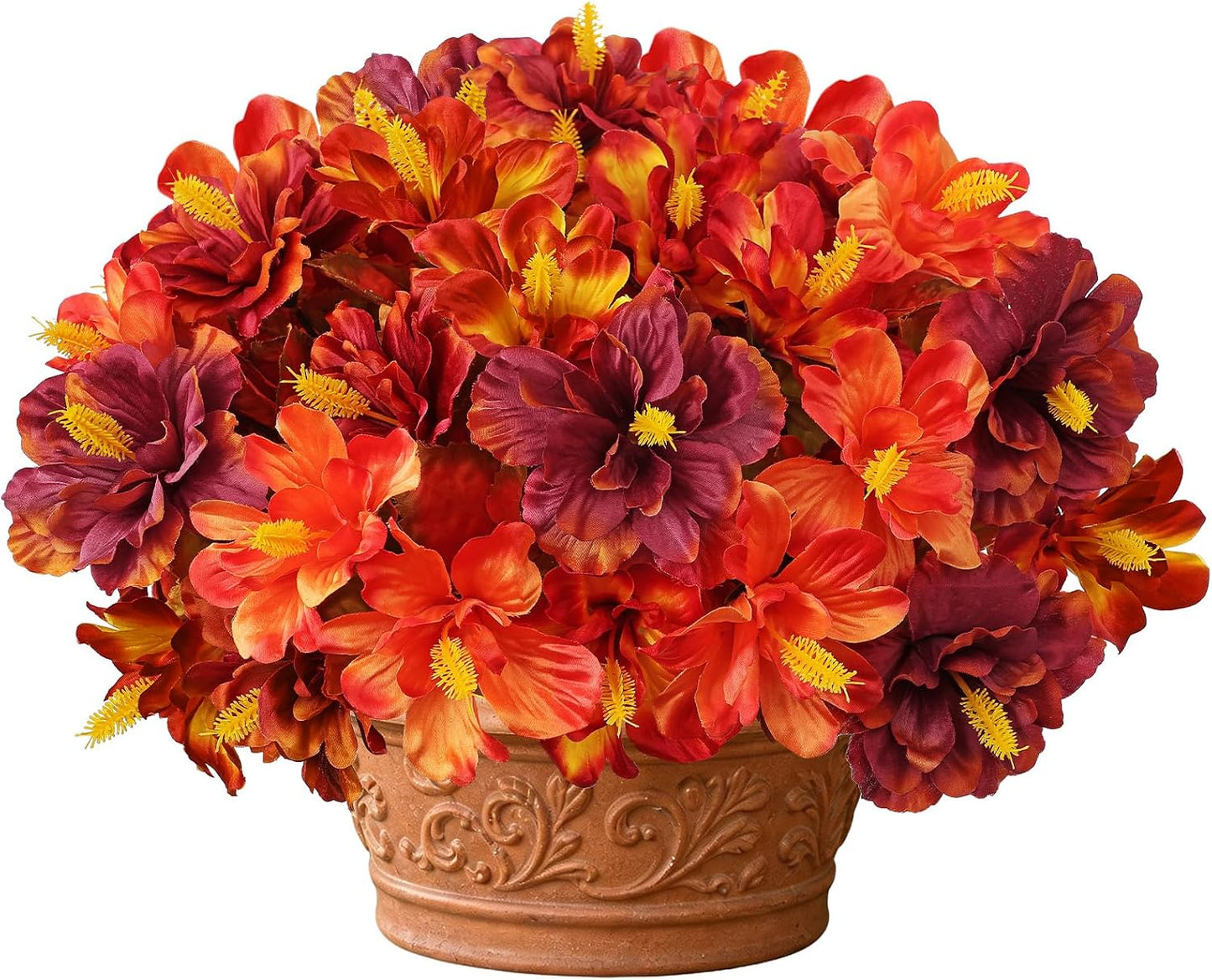3 Bundles Artificial Hibiscus Flowers 13in, Short Faux Hibiscus Stems with Full Blooms, Silk Tropical Flowers for Small Vase, Hanging Basket, Centerpiece, Party, Indoor Outdoor Decor, Red