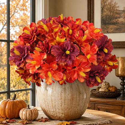 3 Bundles Artificial Hibiscus Flowers 13in, Short Faux Hibiscus Stems with Full Blooms, Silk Tropical Flowers for Small Vase, Hanging Basket, Centerpiece, Party, Indoor Outdoor Decor, Red
