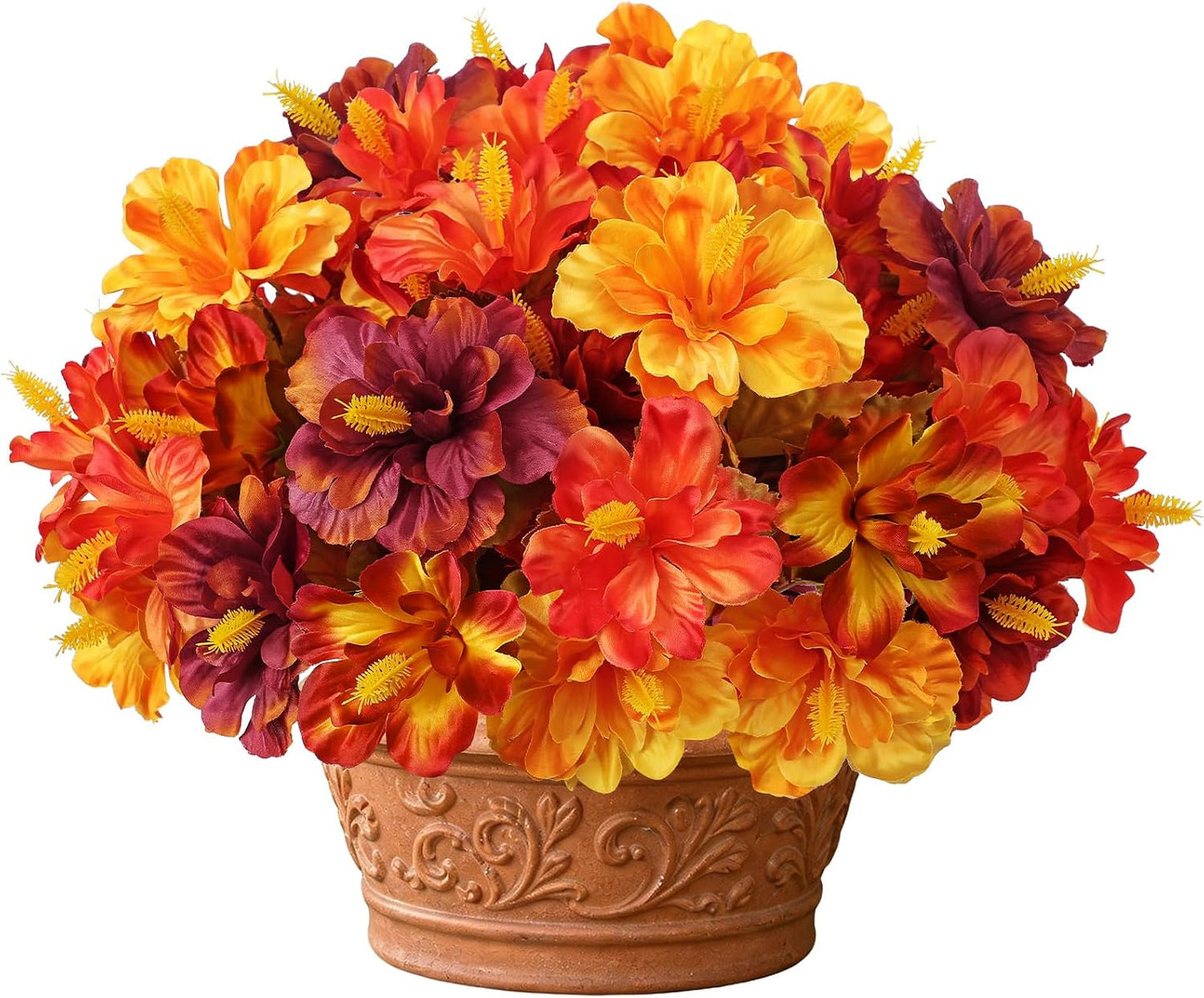 3 Bundles Artificial Hibiscus Flowers 13in, Short Faux Hibiscus Stems with Full Blooms, Silk Tropical Flowers for Small Vase, Hanging Basket, Centerpiece, Party, Indoor Outdoor Decor, Red