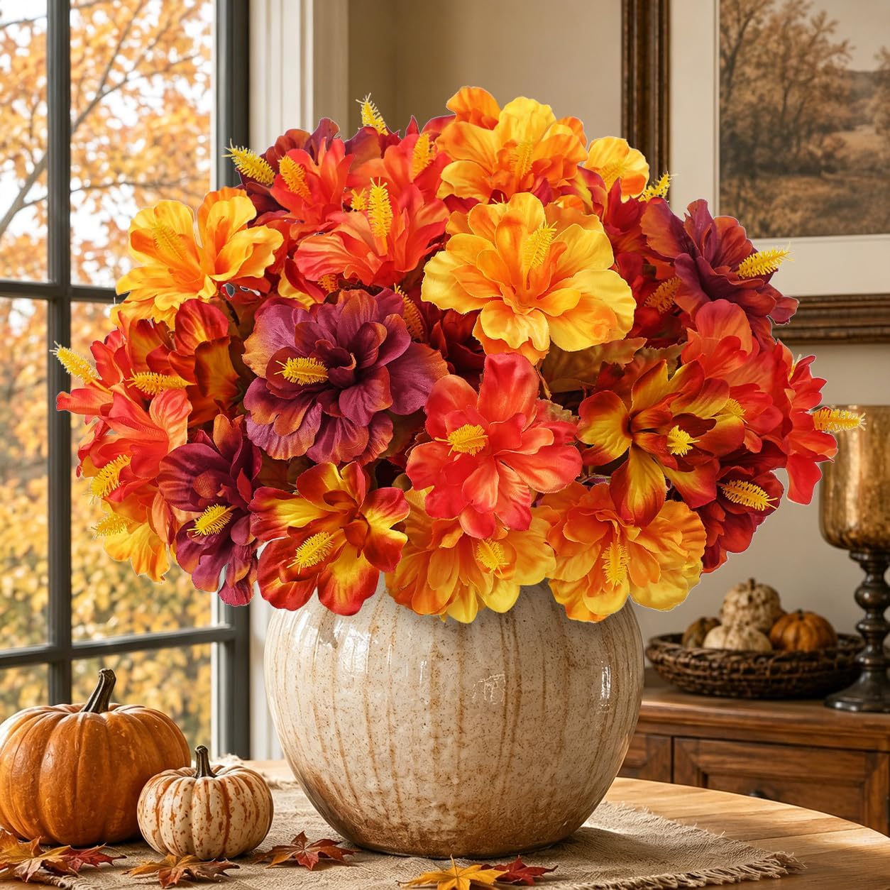 3 Bundles Artificial Hibiscus Flowers 13in, Short Faux Hibiscus Stems with Full Blooms, Silk Tropical Flowers for Small Vase, Hanging Basket, Centerpiece, Party, Indoor Outdoor Decor, Red