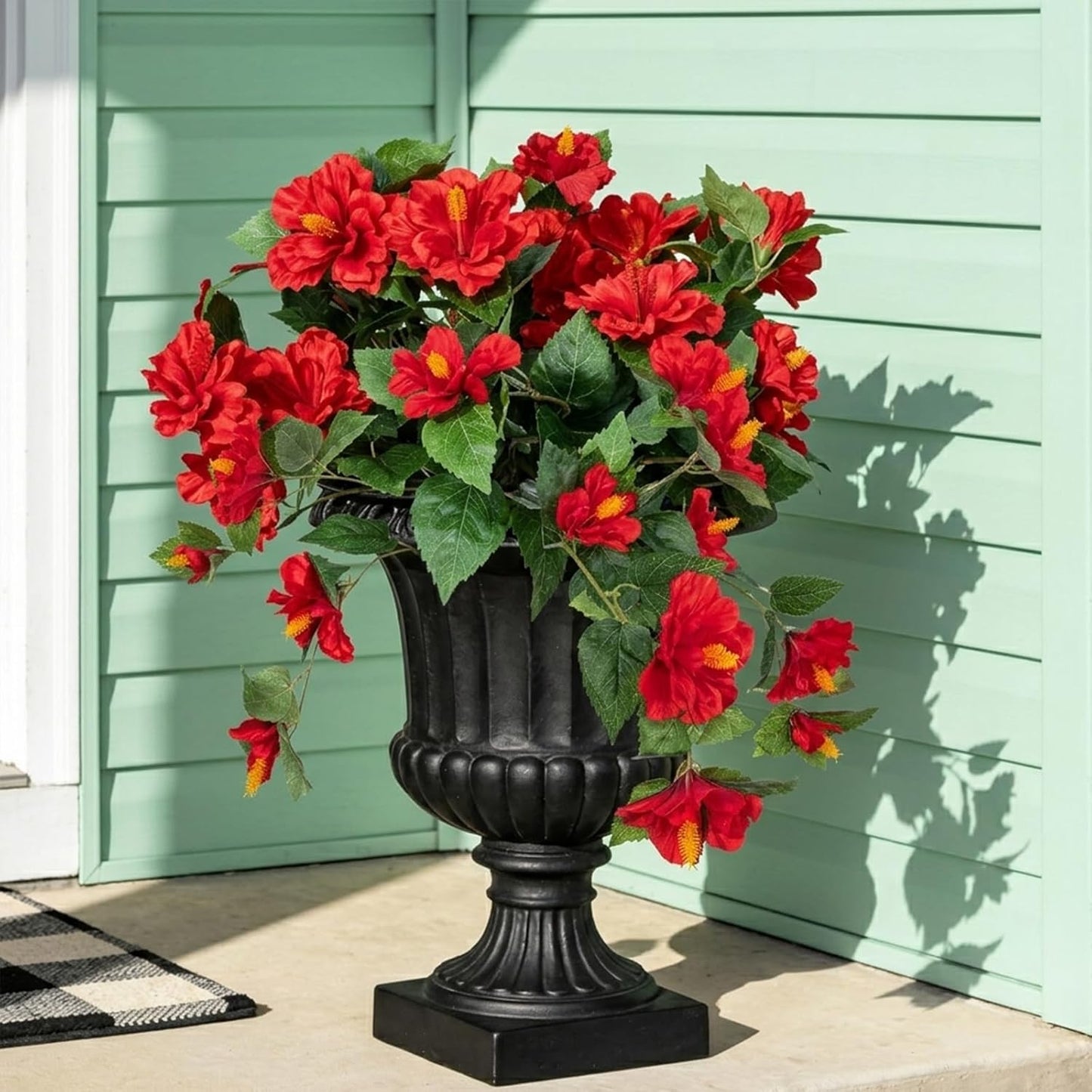 3 Bundles Artificial Hibiscus Flowers 13in, Short Faux Hibiscus Stems with Full Blooms, Silk Tropical Flowers for Small Vase, Hanging Basket, Centerpiece, Party, Indoor Outdoor Decor, Red