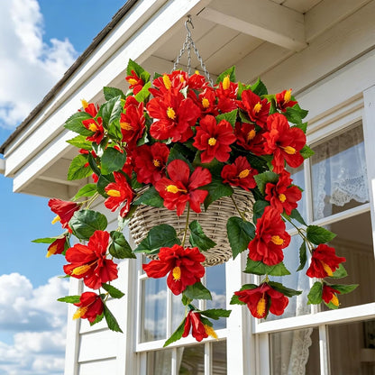 3 Bundles Artificial Hibiscus Flowers 13in, Short Faux Hibiscus Stems with Full Blooms, Silk Tropical Flowers for Small Vase, Hanging Basket, Centerpiece, Party, Indoor Outdoor Decor, Red