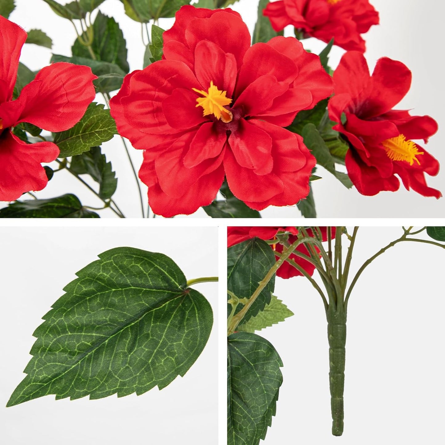 3 Bundles Artificial Hibiscus Flowers 13in, Short Faux Hibiscus Stems with Full Blooms, Silk Tropical Flowers for Small Vase, Hanging Basket, Centerpiece, Party, Indoor Outdoor Decor, Red