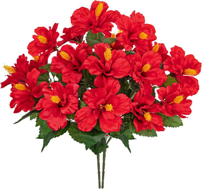 3 Bundles Artificial Hibiscus Flowers 13in, Short Faux Hibiscus Stems with Full Blooms, Silk Tropical Flowers for Small Vase, Hanging Basket, Centerpiece, Party, Indoor Outdoor Decor, Red