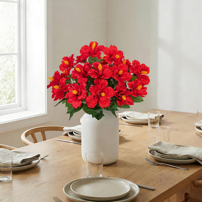 3 Bundles Artificial Hibiscus Flowers 13in, Short Faux Hibiscus Stems with Full Blooms, Silk Tropical Flowers for Small Vase, Hanging Basket, Centerpiece, Party, Indoor Outdoor Decor, Red