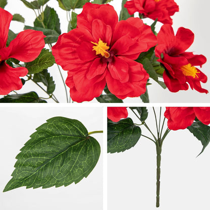 3 Bundles Artificial Hibiscus Flowers 13in, Short Faux Hibiscus Stems with Full Blooms, Silk Tropical Flowers for Small Vase, Hanging Basket, Centerpiece, Party, Indoor Outdoor Decor, Red
