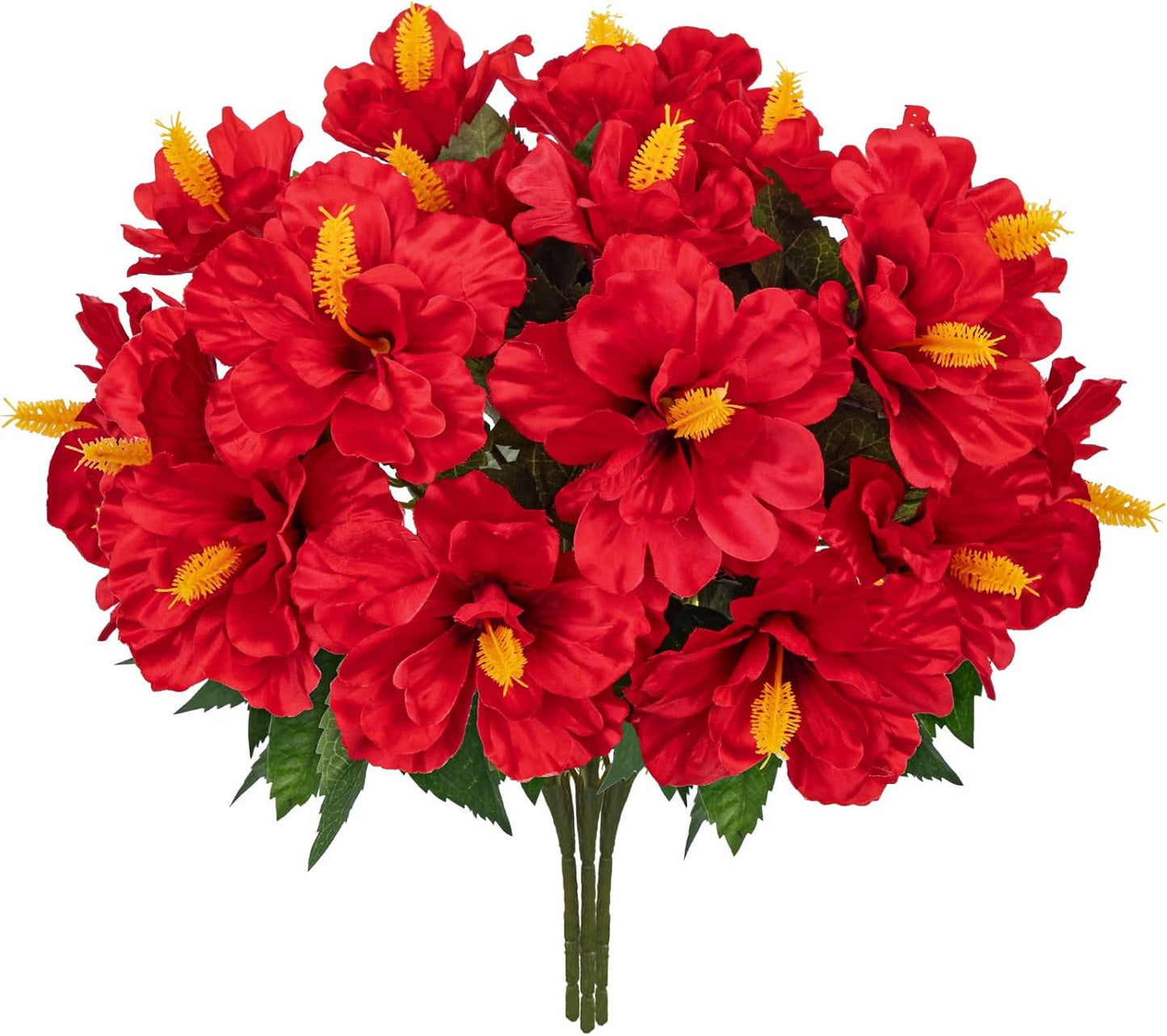 3 Bundles Artificial Hibiscus Flowers 13in, Short Faux Hibiscus Stems with Full Blooms, Silk Tropical Flowers for Small Vase, Hanging Basket, Centerpiece, Party, Indoor Outdoor Decor, Red