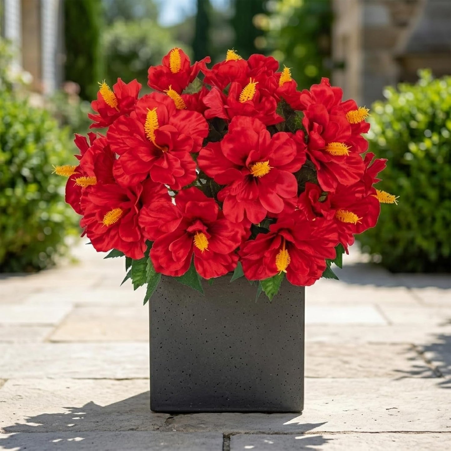 3 Bundles Artificial Hibiscus Flowers 13in, Short Faux Hibiscus Stems with Full Blooms, Silk Tropical Flowers for Small Vase, Hanging Basket, Centerpiece, Party, Indoor Outdoor Decor, Red