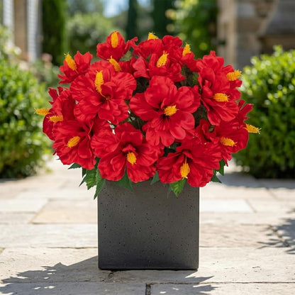 3 Bundles Artificial Hibiscus Flowers 13in, Short Faux Hibiscus Stems with Full Blooms, Silk Tropical Flowers for Small Vase, Hanging Basket, Centerpiece, Party, Indoor Outdoor Decor, Red