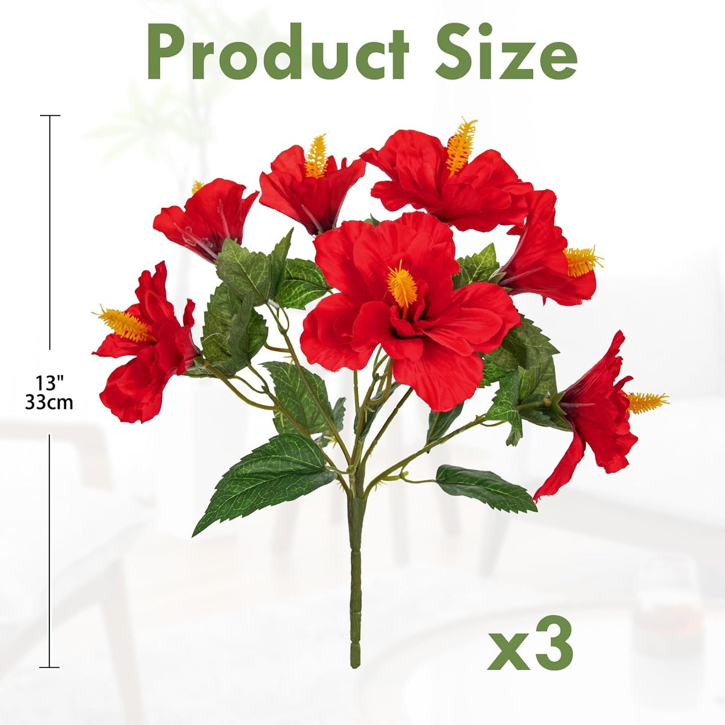 3 Bundles Artificial Hibiscus Flowers 13in, Short Faux Hibiscus Stems with Full Blooms, Silk Tropical Flowers for Small Vase, Hanging Basket, Centerpiece, Party, Indoor Outdoor Decor, Red