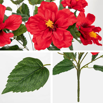 3 Bundles Artificial Hibiscus Flowers 13in, Short Faux Hibiscus Stems with Full Blooms, Silk Tropical Flowers for Small Vase, Hanging Basket, Centerpiece, Party, Indoor Outdoor Decor, Red