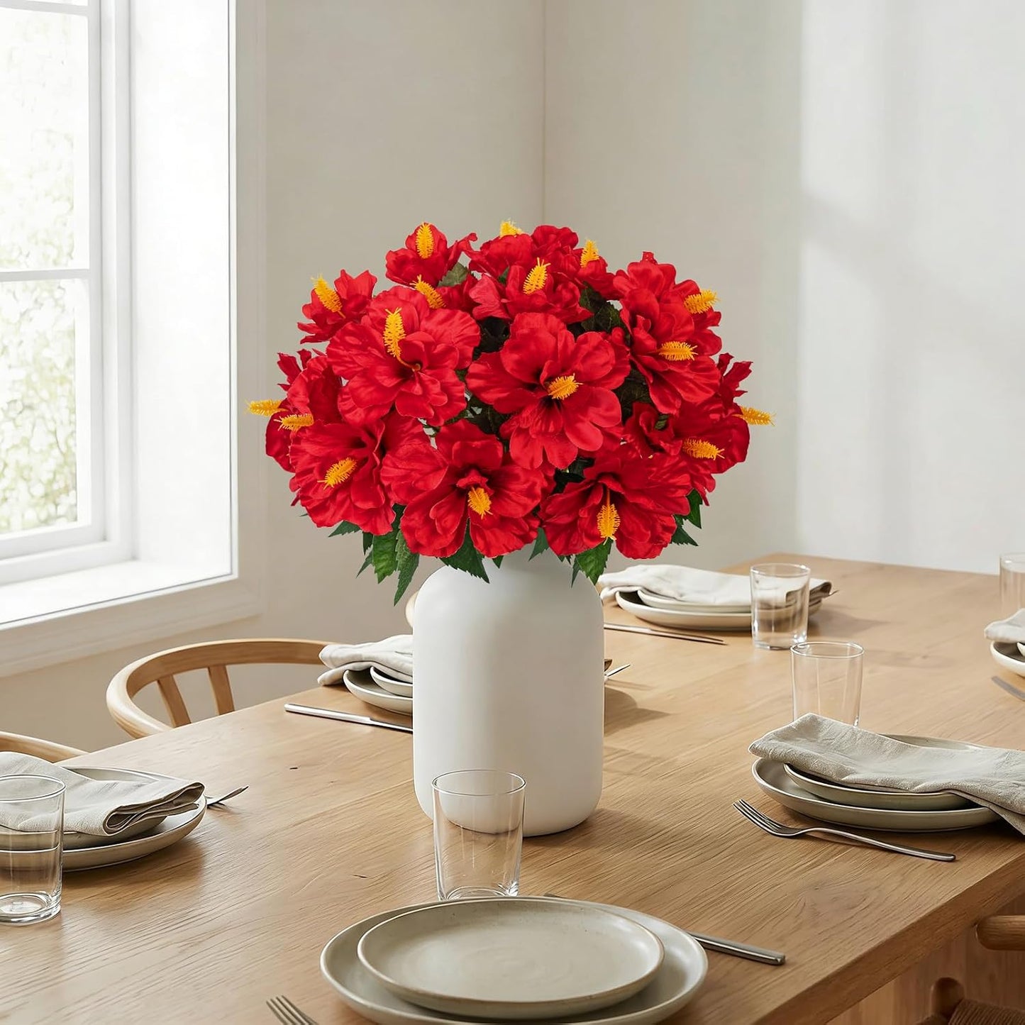 3 Bundles Artificial Hibiscus Flowers 13in, Short Faux Hibiscus Stems with Full Blooms, Silk Tropical Flowers for Small Vase, Hanging Basket, Centerpiece, Party, Indoor Outdoor Decor, Red