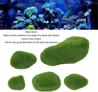 Fish Landscaping Stones, 5 Size Artificial Moss Rocks Decorative Resin Green Moss Balls Moss Stones Green Moss Covered Stones Fake Moss Decor Aquarium Decoration
