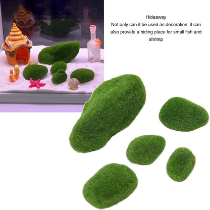 Fish Landscaping Stones, 5 Size Artificial Moss Rocks Decorative Resin Green Moss Balls Moss Stones Green Moss Covered Stones Fake Moss Decor Aquarium Decoration