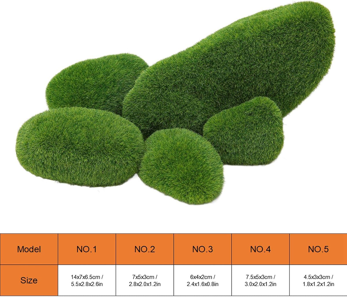 Fish Landscaping Stones, 5 Size Artificial Moss Rocks Decorative Resin Green Moss Balls Moss Stones Green Moss Covered Stones Fake Moss Decor Aquarium Decoration