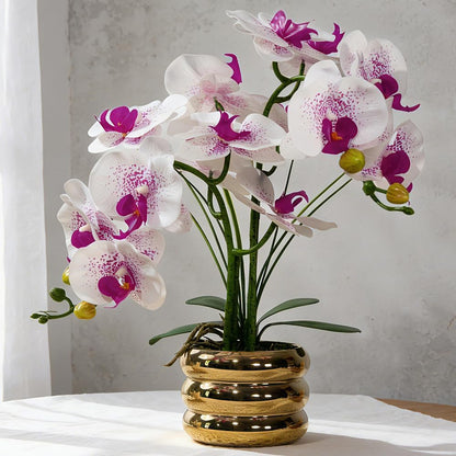 Artificial Orchids Flowers with Vase for Table Centerpieces, Real Touch Faux White Orchid Phalaenopsis in Ceramic Vase for Home Wedding Kitchen Decoration (White, Purple)