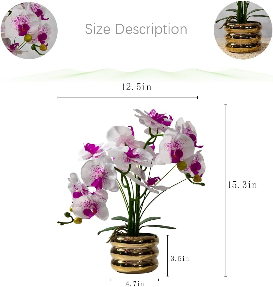 Artificial Orchids Flowers with Vase for Table Centerpieces, Real Touch Faux White Orchid Phalaenopsis in Ceramic Vase for Home Wedding Kitchen Decoration (White, Purple)